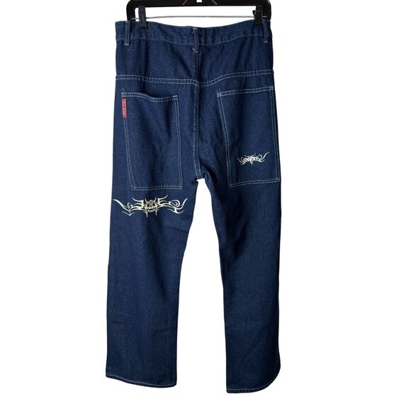 JNCO Men’s Dark Wash Denim Jeans XL Size 3 — Tribal Skull Graphic Y2K Streetwear - Picture 2 of 12